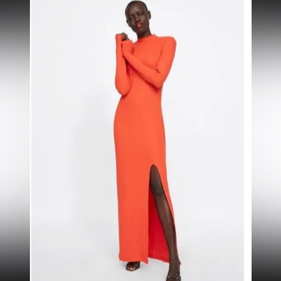 Zara Women Ribbed Dress with Slit Orange Maxi Long Size S - Picture 1 of 9